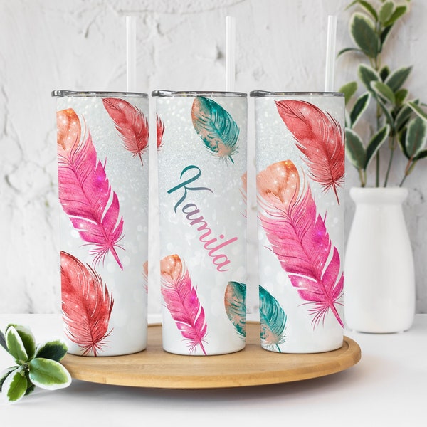 Colorful Feather Tumbler Personalized - Custom Name Feather Tumbler - Mothers Day Gift - 20oz Tumbler Gift for Her