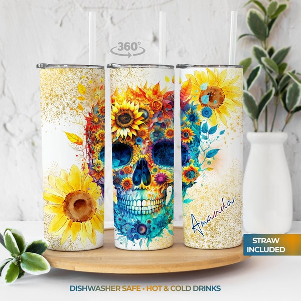 Colorful Skull and Sunflowers Tumbler Personalized  - Custom Sugar Skull & Sunflower Tumbler - Mothers Day Gift - Bridesmaid Gift