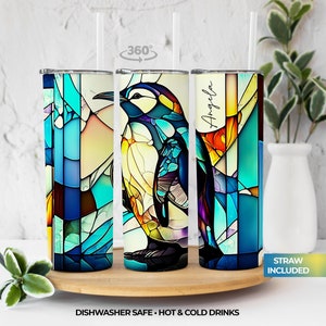 Stained Glass Penguin Tumbler Personalized - Custom Name Tumbler - Personalized Tumbler with Straw - Gift for Her