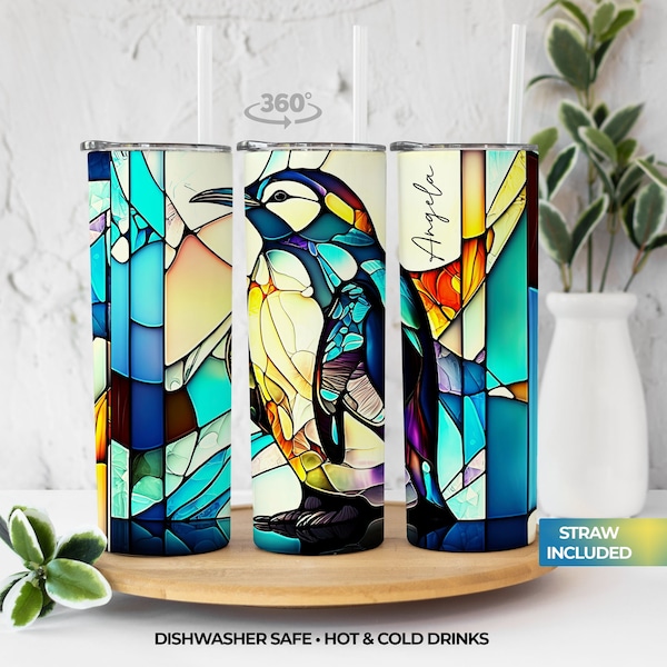 Stained Glass Penguin Tumbler Personalized - Custom Name Tumbler - Personalized Tumbler with Straw - Gift for Her