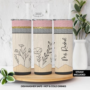 Personalized Teacher Tumbler: Floral Pencil Design, Stainless Steel Travel Cup