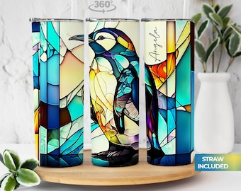 Stained Glass Penguin Tumbler Personalized - Custom Name Tumbler - Personalized Tumbler with Straw - Gift for Her