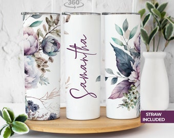 Personalized Floral Tumbler: 20oz Insulated Stainless Steel Gift