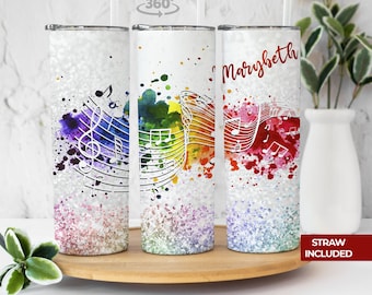 Music Notes Rainbow Tumbler, Custom Name, Gift for Musician