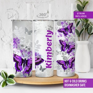 Personalized Skinny Tumbler, Purple Butterfly Tumbler, Skinny Tumbler, Gift for Her, Bridesmaid Gift, Vacation Tumbler, Christmas Gift