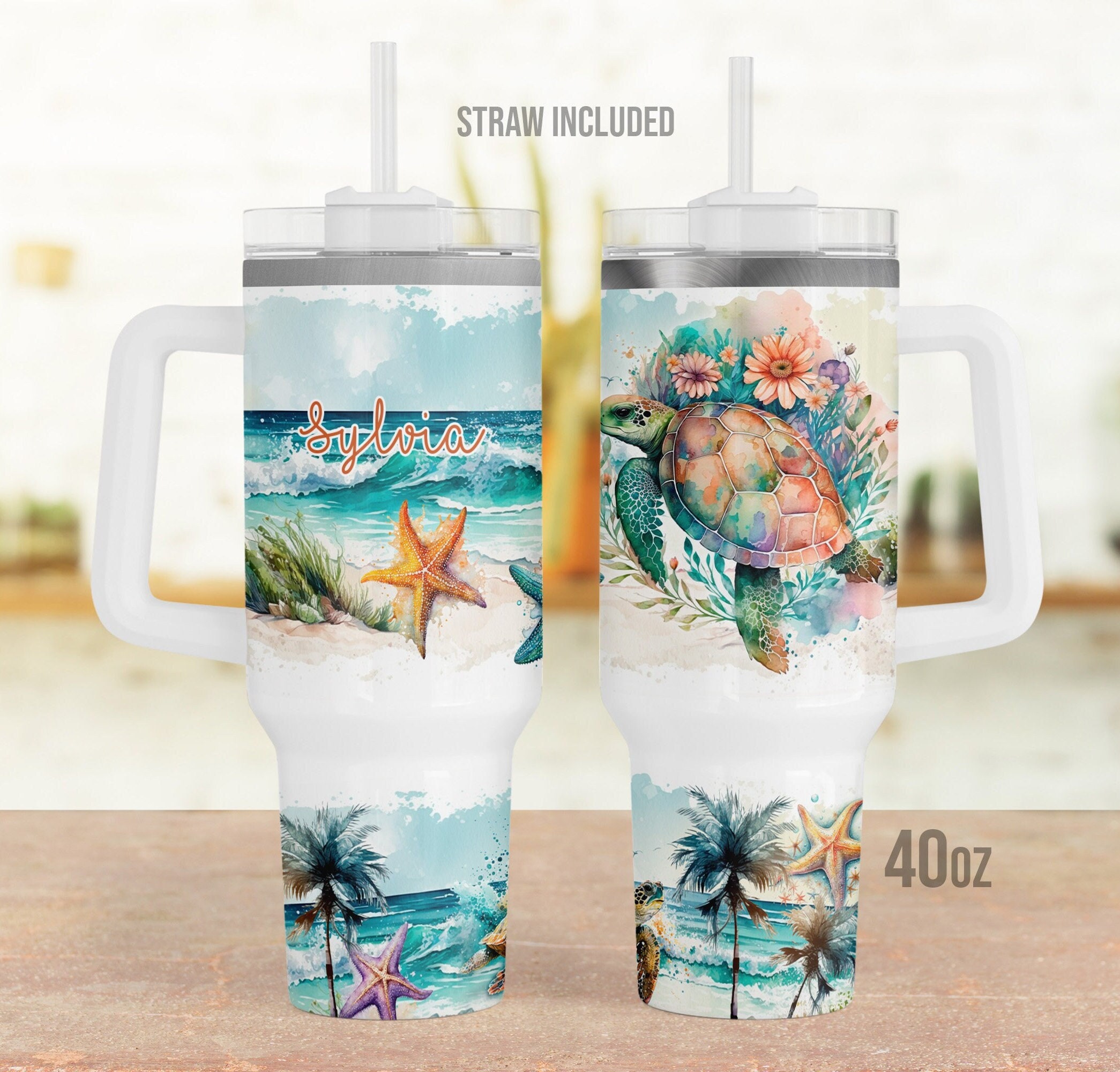 2.0 Quencher Tumbler Turtle Coral Reef Full Wrap Laser Engraved 40oz 