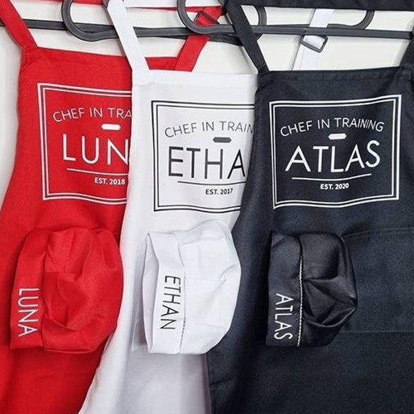 Kids personalised apron | Customised childrens name printed apron | Culinary little chef | Minimalistic Gift Red Black White