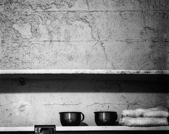Enlisted Black and White Close-up Photo Print, Two cups, and towel wall shelf photo print
