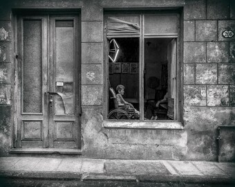 Old Woman in Old House Sicily Photo, Black and White Sicily Photo, Old House in Sicily Photo, Old Town Sicily Photo, Street Scene Sicily