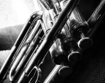 Closeup Photo of a Trumpet, Black and White Photo of Trumpet, New Orleans Trumpet Photo Print, Trumpet Digital Photo, Trumpet Musician Photo