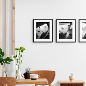 May include: Three black framed photographs of abstract black and white images hang on a white wall above a wooden table with a vase of flowers and a plant.