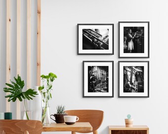 Set of 4 Photo Prints featuring Musicians in New Orleans, Black and White Photo Set of Musicians, Photo Set of Trumpet and Saxophone Players