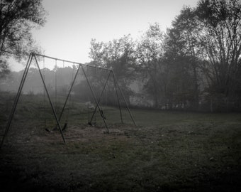 Abandoned Metal Swing Photo Print, Eerie Photo of Metal Swing in fog, Old Metal Swing Photo, Foggy day in the backyard, Abandoned Playground