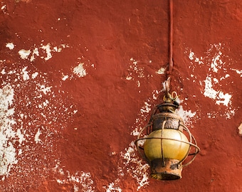Porch Light on Red Wall Photo Print, Award Winning Photo Print, Old Light Fixture, Red Photo Print, Old Lamp Photo, Artsy Photo Print