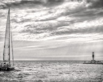 Michigan Great Lake Photo Print, Black and White Michigan Travel Photo, Sail Boat on the Great Lake in Michigan, Great Lake Michigan Photo