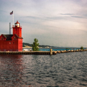 Michigan Travel Photography, Lighthouse Photo Print, Red Lighthouse Photo Print, Lighthouse Water Photo Print, Michigan Lighthouse Photo