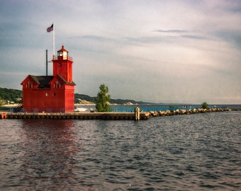 Michigan Travel Photography, Lighthouse Photo Print, Red Lighthouse Photo Print, Lighthouse Water Photo Print, Michigan Lighthouse Photo