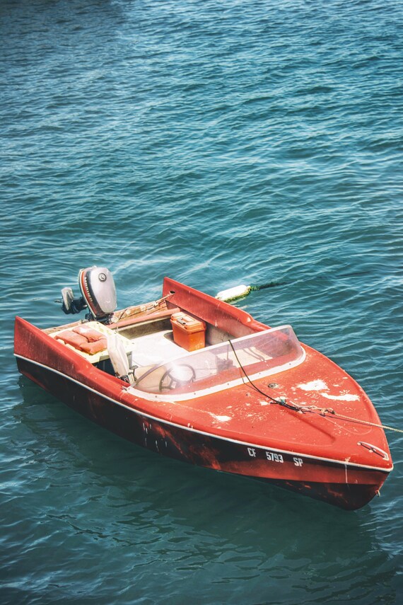 Red Boat on Water, Red Fishing Boat on Ocean, Vintage Red Boat