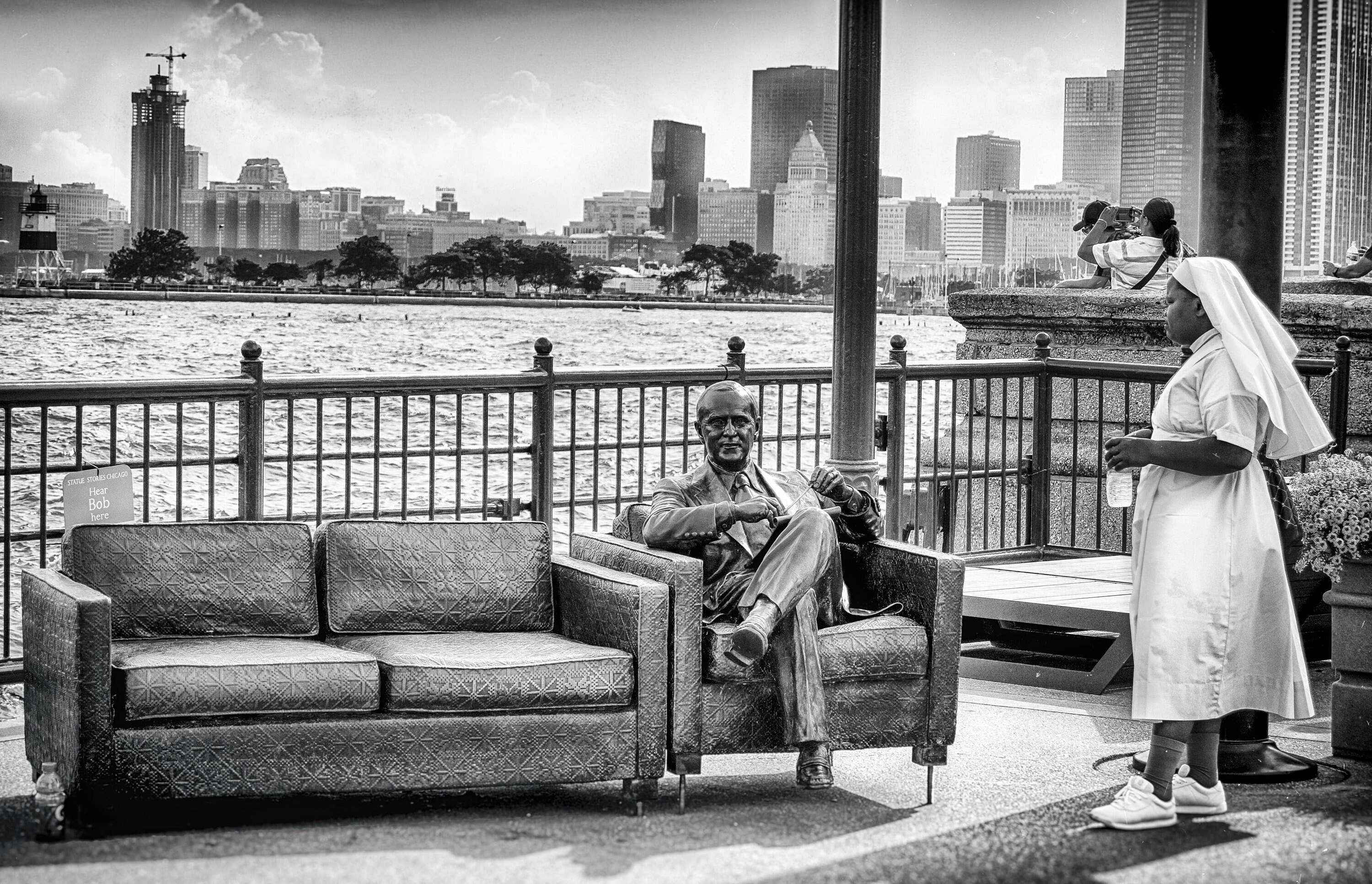 Bob Newhart Statue Navy Pier Chicago, Navy Pier Chicago Photo Print, Black and White Photo of Navy Pier in Chicago, Chicago Photography