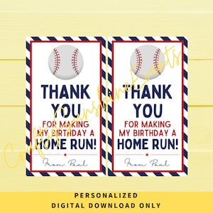 SOLO DOWNLOAD DIGITALE Tema di baseball personalizzato Grazie per aver reso il mio compleanno un Home Run Tag regalo 2x3.5