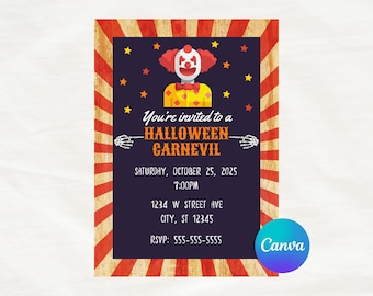 May include: Halloween carnival invitation featuring a clown illustration. The invitation has a dark blue background with a red and yellow striped border. Text includes the date, time, address, and RSVP information.