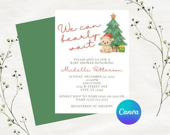 Editable Christmas We Can Bearly Wait Baby Shower Invitation Template | Christmas Theme | Instant Download | Canva Template | 5x7