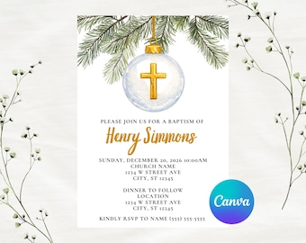 Editable White Gold Christmas Baptism Invitation Template | Instant Download | Canva Template | 5x7