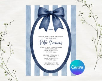 Editable Navy Blue Bow Baptism Invitation Template | Instant Download | Canva Template | 5x7