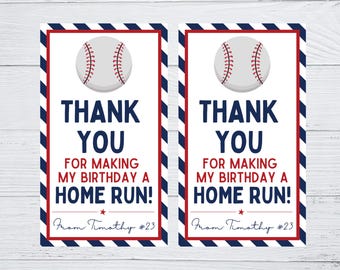 DIGITAL DOWNLOAD ONLY Personalized Baseball Theme Thank You For Making My Birthday A Home Run Gift Tags 2x3.5