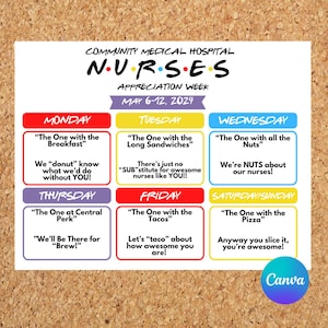 Editable Friends Themed Nurses Appreciation Week Itinerary Poster – Instant Download – Customizable PDF