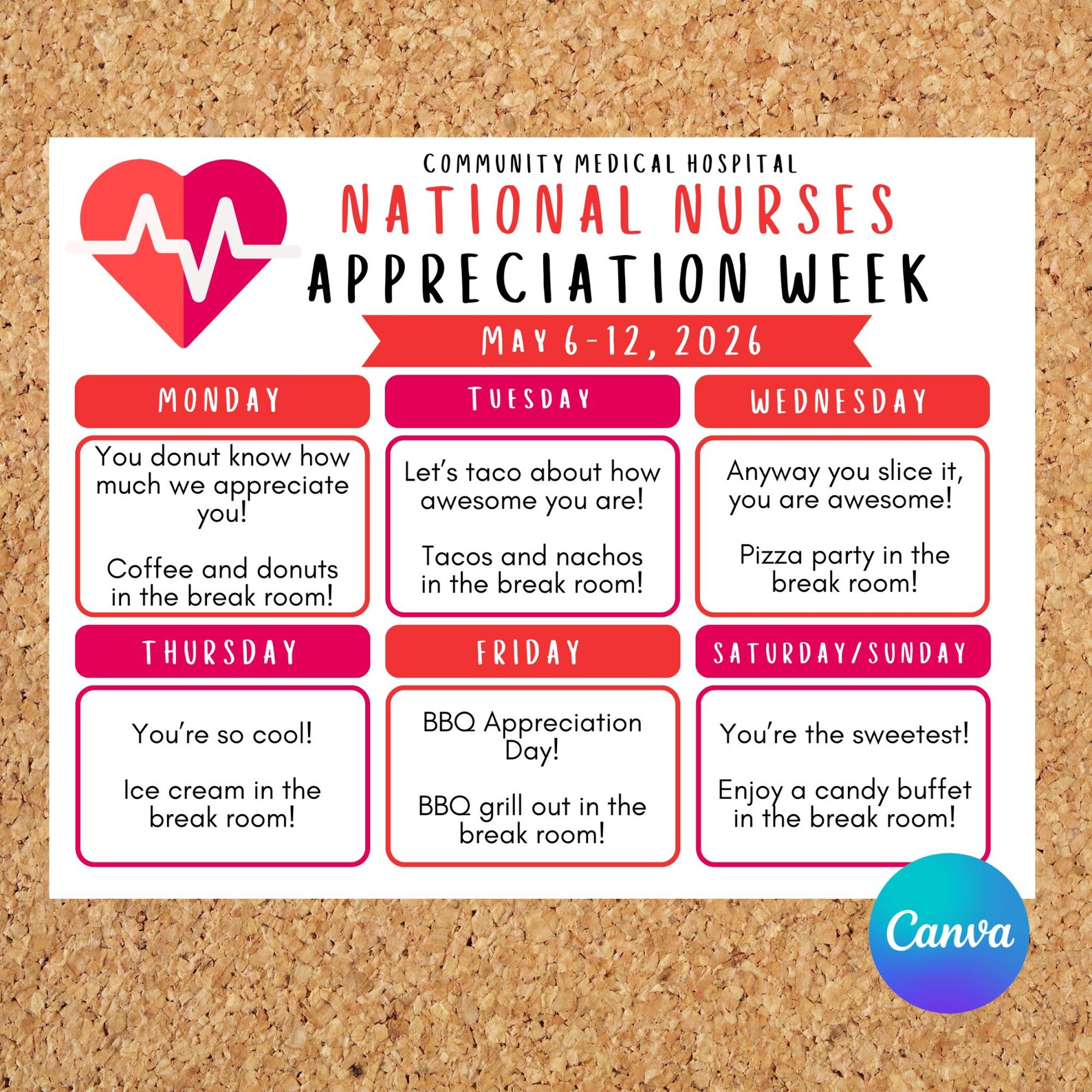 Editable Nurses Appreciation Week Itinerary Poster - Etsy