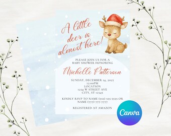 Editable Christmas A Little Deer Is Almost Here Baby Shower Invitation Template | Christmas Theme | Instant Download | Canva Template | 5x7