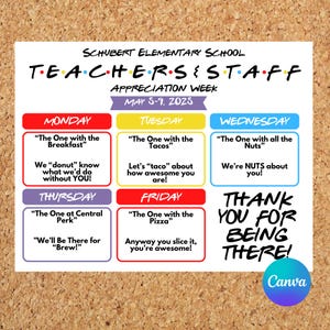 Editable Friends Themed Teachers & Staff Appreciation Week Itinerary Poster – Instant Download – Customizable PDF