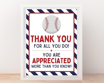 INSTANT DOWNLOAD Baseball Thank You For All You Do Appreciation Sign 8x10