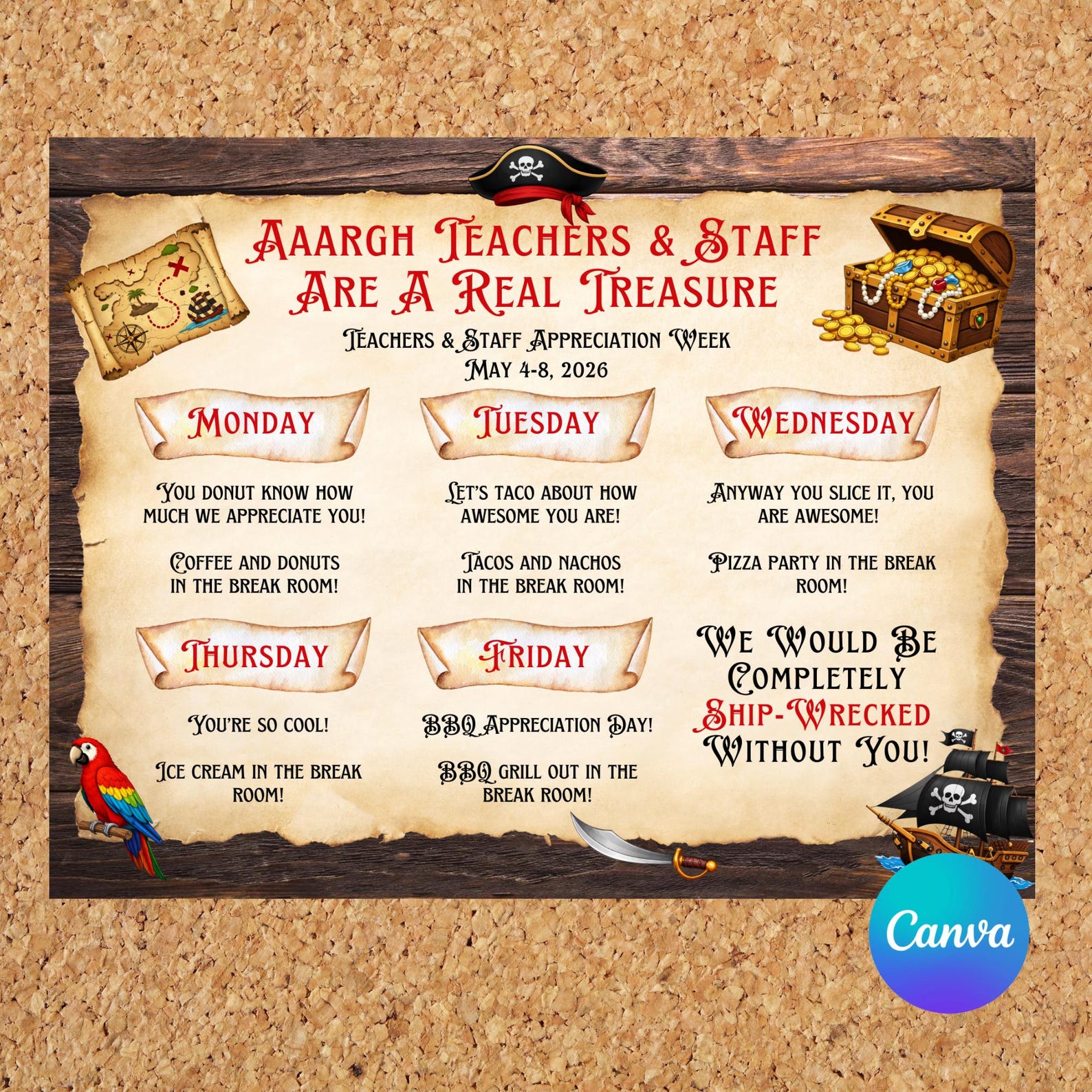 Editable Pirate Themed Teachers & Staff Appreciation Week Itinerary ...