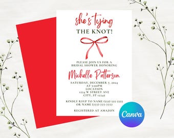 Editable Christmas She's Tying The Knot Bridal Shower Invitation | Christmas Theme | Red & Green | Instant Download | Canva Template | 5x7