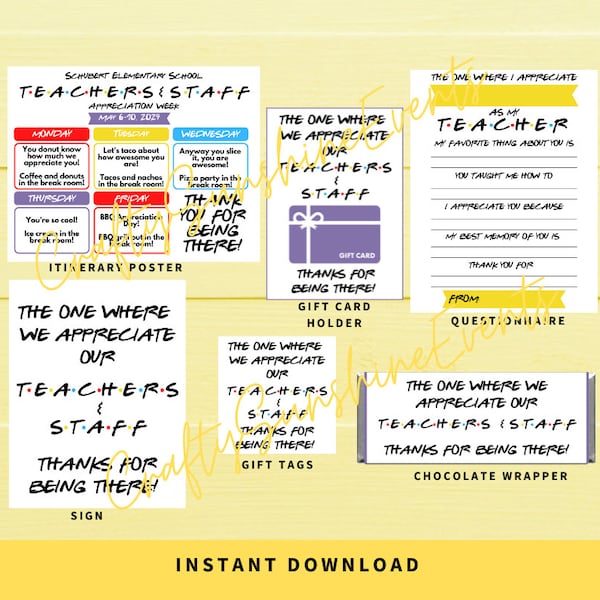 INSTANT DOWNLOAD Friends Themed Teachers & Staff Appreciation Week Bundle