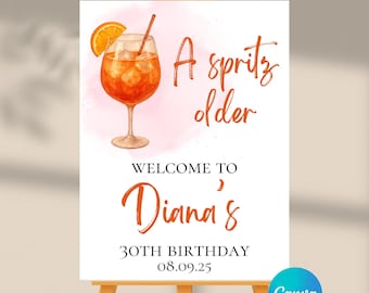 Letrero de bienvenida de cumpleaños editable de Aperol Spritz / A Spritz Older / Descarga instantánea / Plantilla de Canva / 18x24, 20x30, 24x36