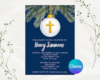 Editable Navy Blue Christmas Baptism Invitation Template | Instant Download | Canva Template | 5x7