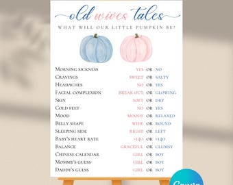 DIGITAL DOWNLOAD ONLY Fall Pink And Blue Pumpkin Gender Reveal Old Wives Tales Sign