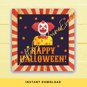 INSTANT DOWNLOAD Circus Themed Clown Happy Halloween Square Gift Tags 2.5x2.5