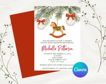 Editable Christmas A Merry Little Baby Shower Invitation | Christmas Theme | Instant Download | Canva Template, 5x7