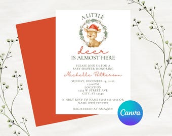 Editable Christmas A Little Deer Is Almost Here Baby Shower Invitation Template | Christmas Theme | Instant Download | Canva Template | 5x7