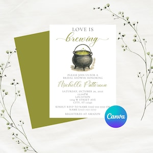 Editable Halloween Love Is Brewing Bridal Shower Invitation Template 5x7