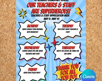 Editable Superhero Themed Teachers & Staff Appreciation Week Itinerary Poster – Instant Download – Customizable PDF
