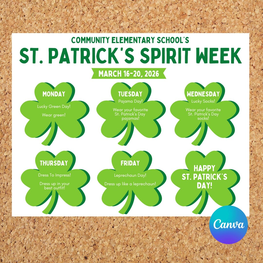 Editable St Patrick's Spirit Week Itinerary Poster – Instant Download ...
