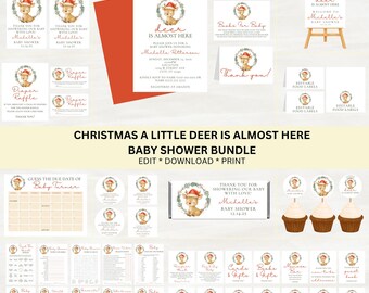Editable Christmas A Little Deer Is Almost Here Baby Shower Bundle Set | Christmas Theme | Instant Download | Edit With Canva