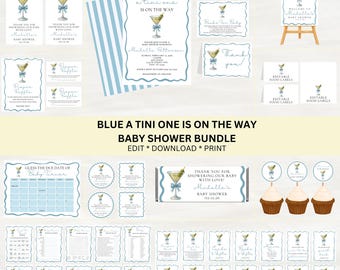 Bewerkbaar blauw A Tini One is onderweg Babyshowerbundelset | Direct downloaden | Bewerken met canvas