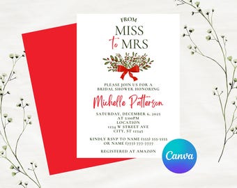 Editable Christmas From Miss To Mrs Bridal Shower Invitation | Christmas Theme | Instant Download | Canva Template, 5x7