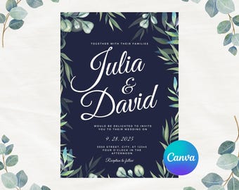 Editable Navy Blue Eucalyptus Wedding Invitation Template 5x7